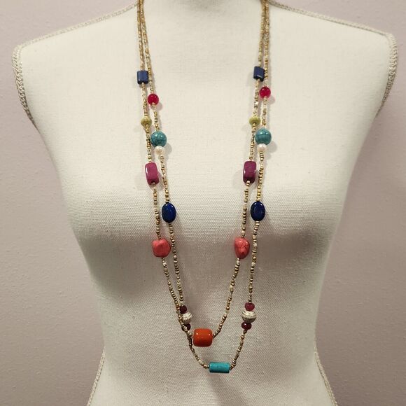 Chico's Colorful Necklace 2 Layer Multicolor Stone Beads 34" NWT - Picture 1 of 8